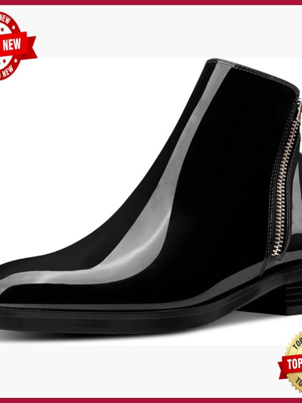Chunky Block Low Heel Square Toe Ankle Boots Slip-on Zipper Patent Leather